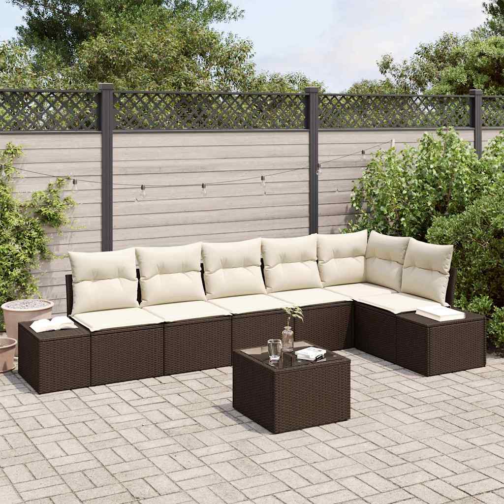 Conjunto de Sofá de Jardim com almofada 7 pcs Marrom e Creme