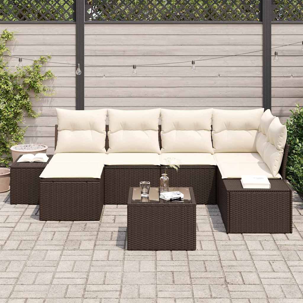 Conjunto de Sofá de Jardim com almofada 7 pcs Castanho e creme