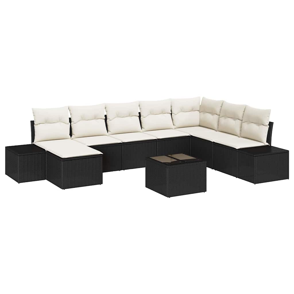 Conjunto de Sofá de Jardim com almofada 9 pcs Preto e creme