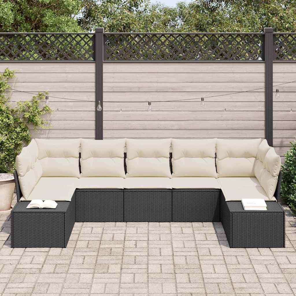 Conjunto de Sofá de Jardim com almofada 7 pcs Preto e creme