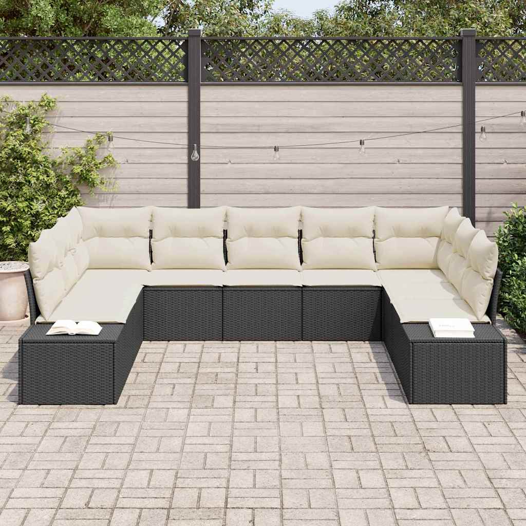 Conjunto de Sofá de Jardim com almofada 9 pcs Preto e creme