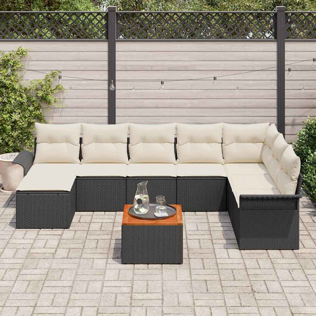 Conjunto de Sofá de Jardim com almofada 9 pcs Preto e Creme