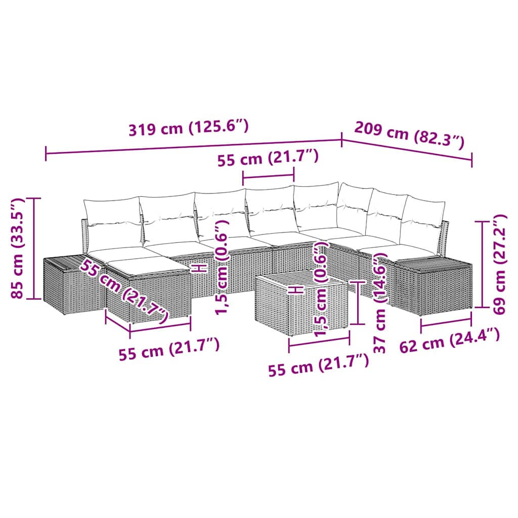 Conjunto de Sofá de Jardim 9 pcs Preto