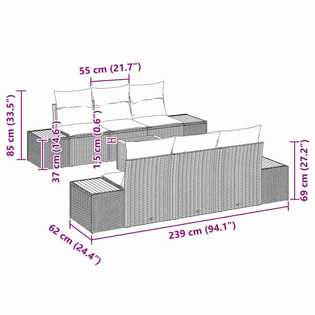 Conjunto de Sofá de Jardim 7 pcs Bege Rattan Sintético