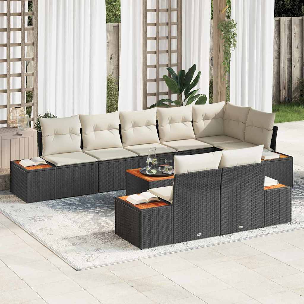 Conjunto de Sofá de Jardim com almofada 9 pcs Preto e creme