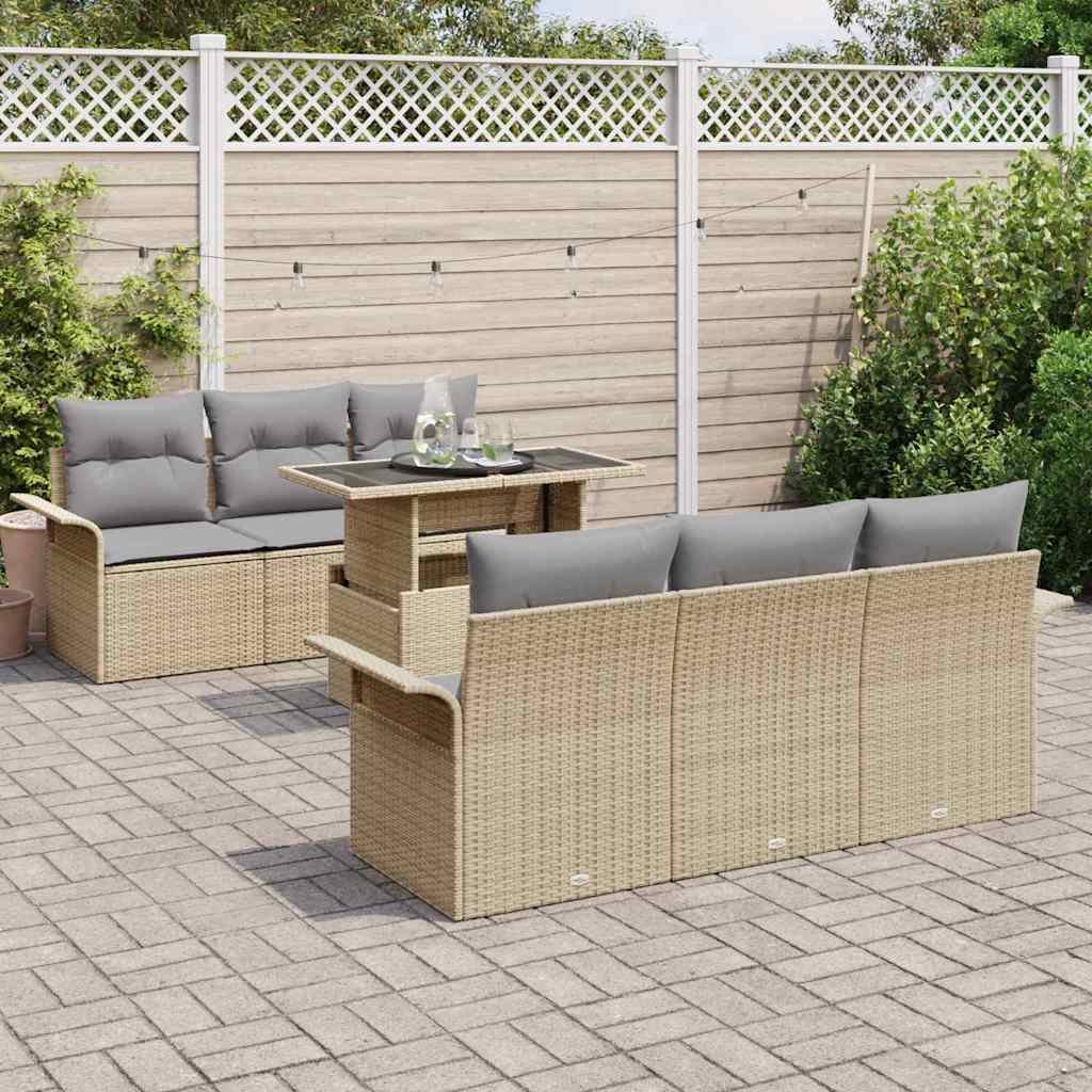 Conjunto de Sofá de Jardim 7 pcs Bege Rattan de Polipropileno