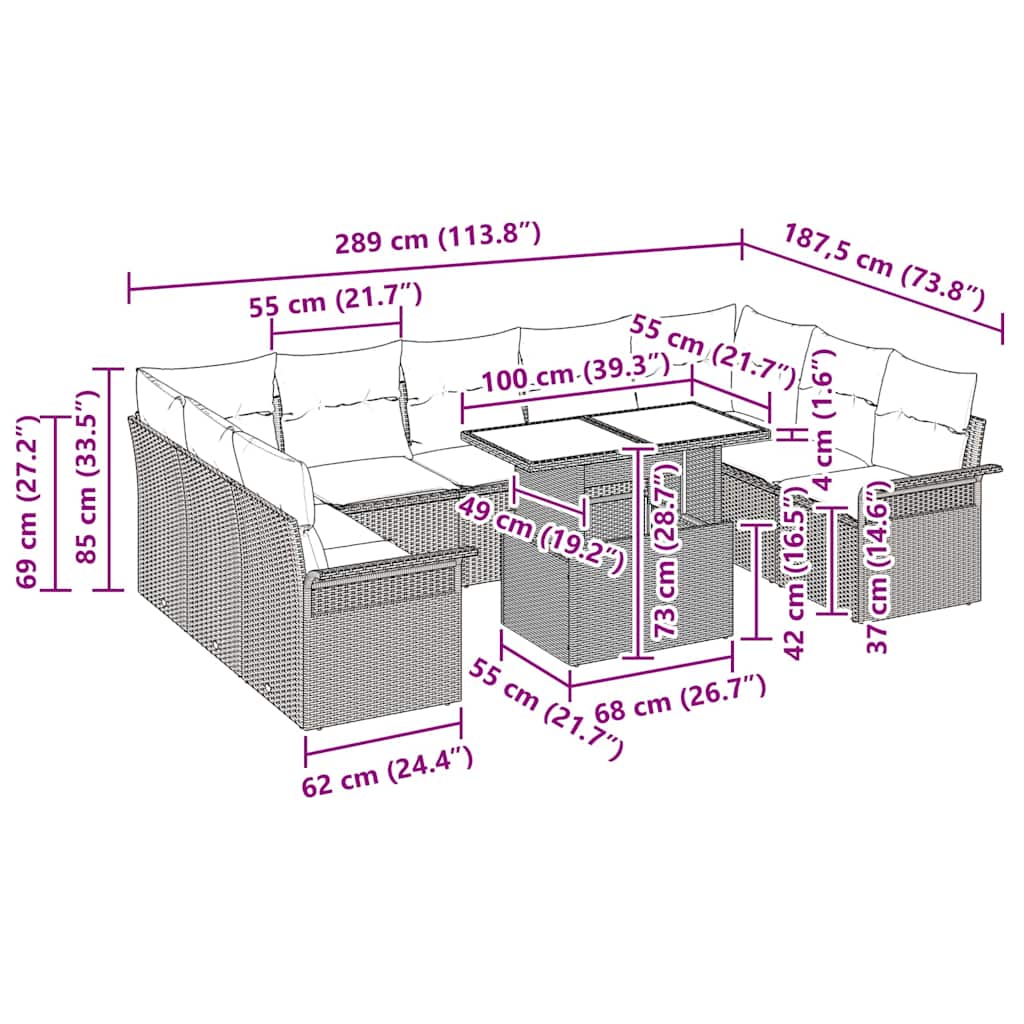 Conjunto de Sofá de Jardim Manual 10 pcs Preto 100 x 55 x 73 cm