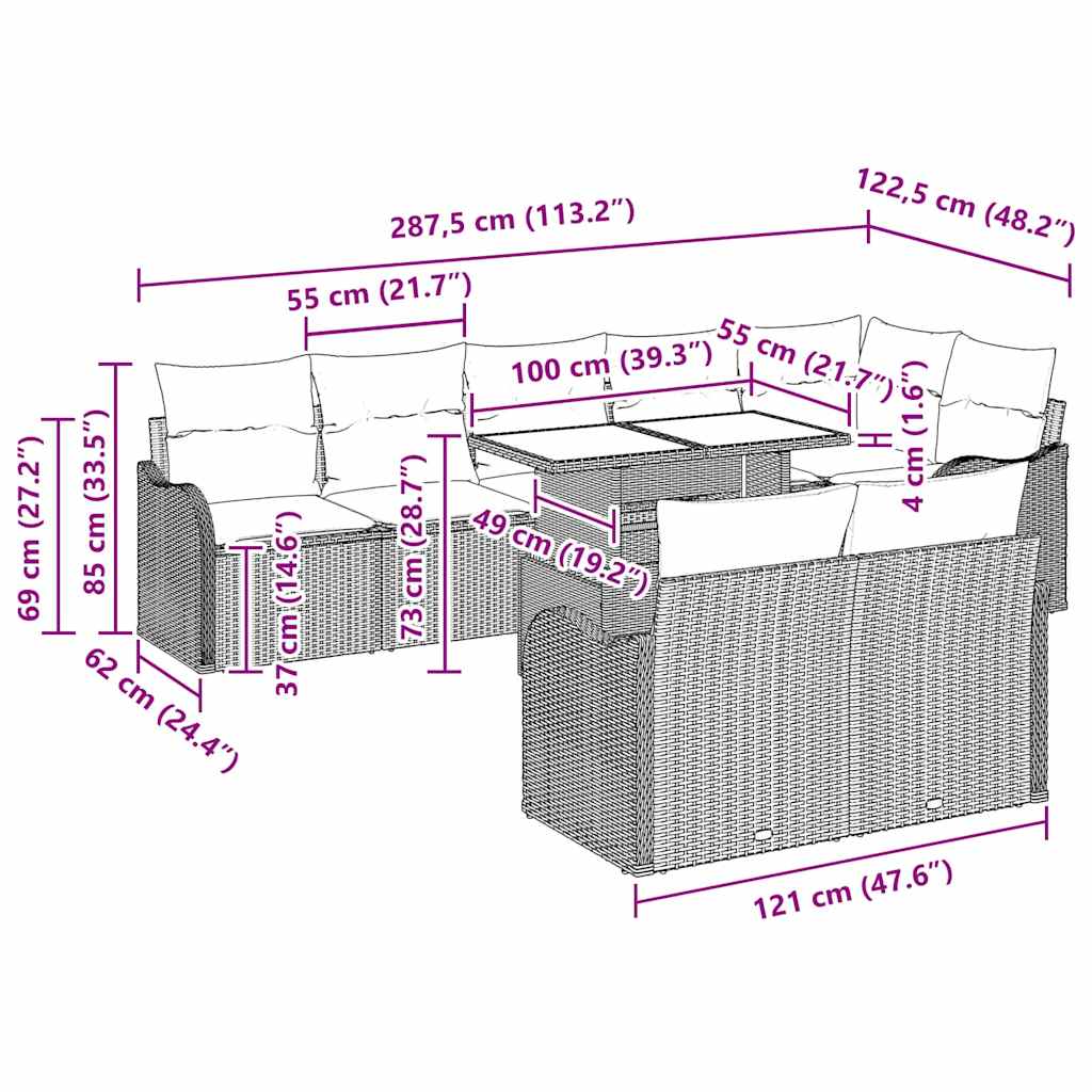 Conjunto de Sofá de Jardim com almofada Manual 9 pcs Cinzeto