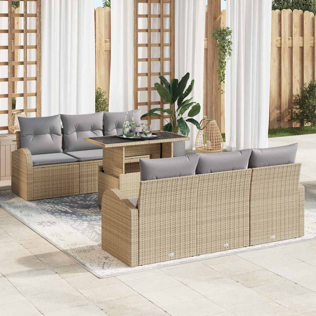 Conjunto de Sofá de Jardim 7 pcs Bege Rattan de Polipropileno