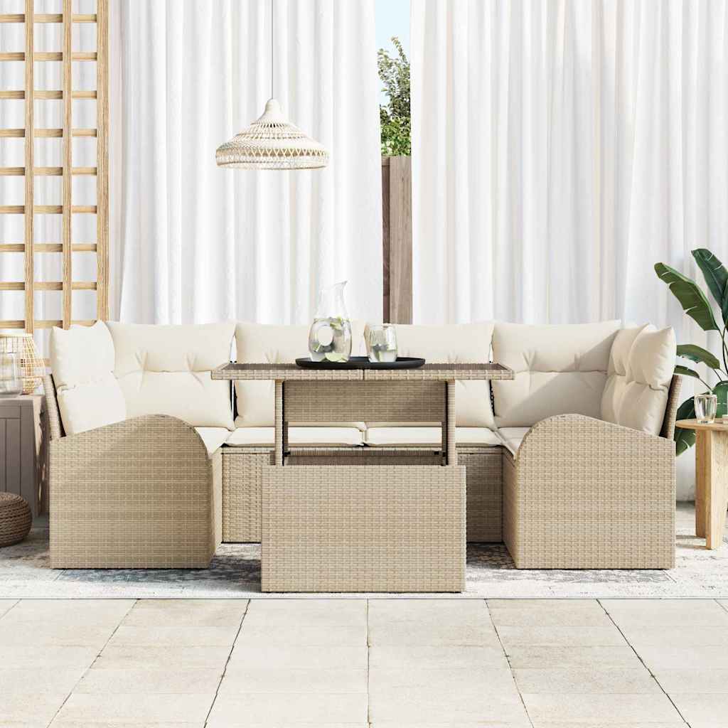 Conjunto de Sofá de Jardim 7 pcs Bege Rattan de Polipropileno