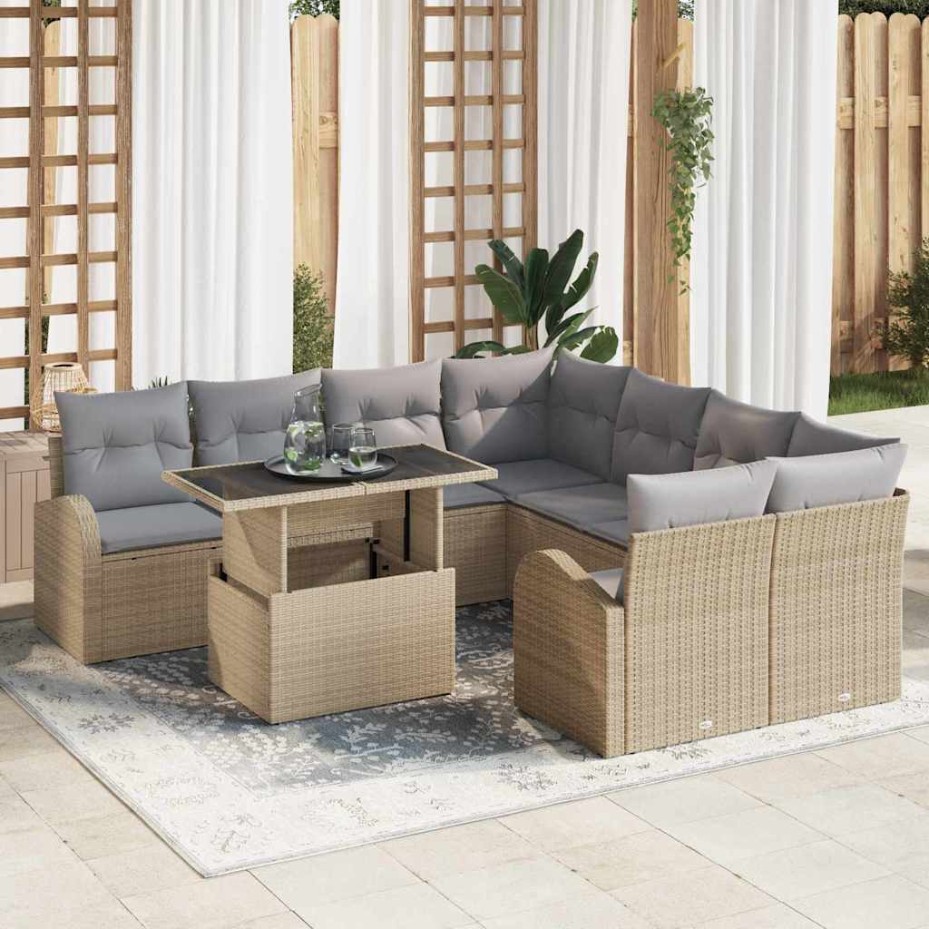 Conjunto de Sofá de Jardim 9 pcs Bege Rattan de Polipropileno