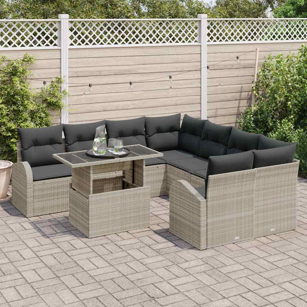 Conjunto de Sofá de Jardim com almofada 9 pcs Cinzento-claro