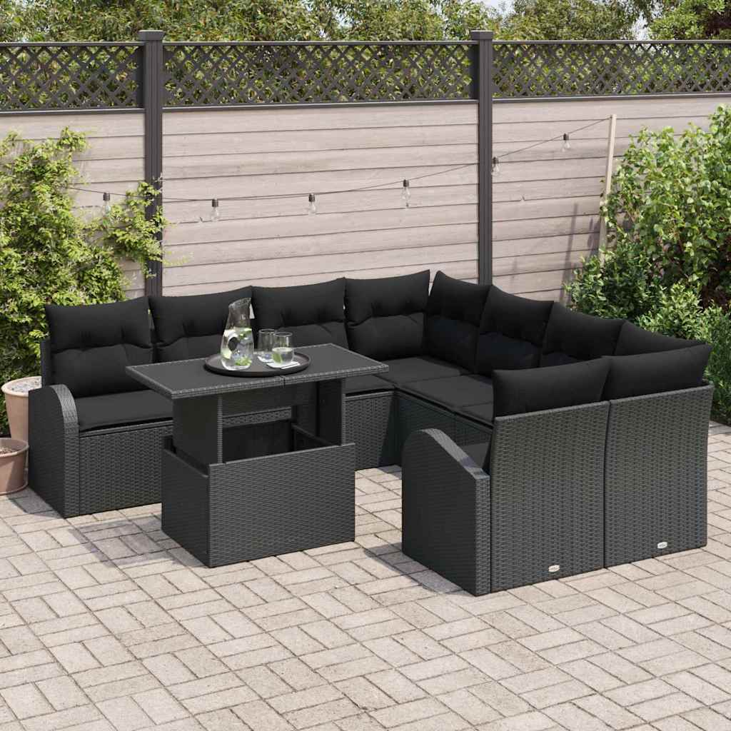 Conjunto de Sofá de Jardim 9 pcs Preto Rattan de Polipropileno