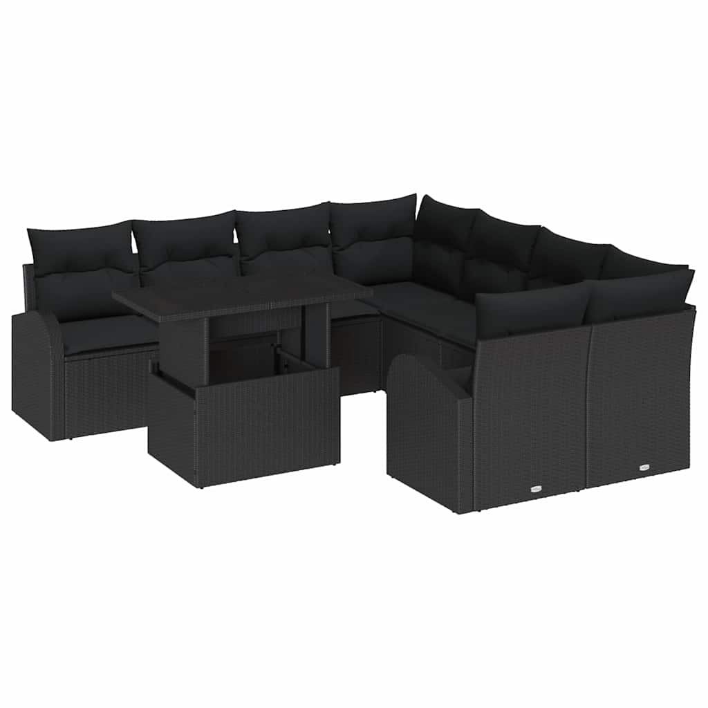 Conjunto de Sofá de Jardim 9 pcs Preto Rattan de Polipropileno