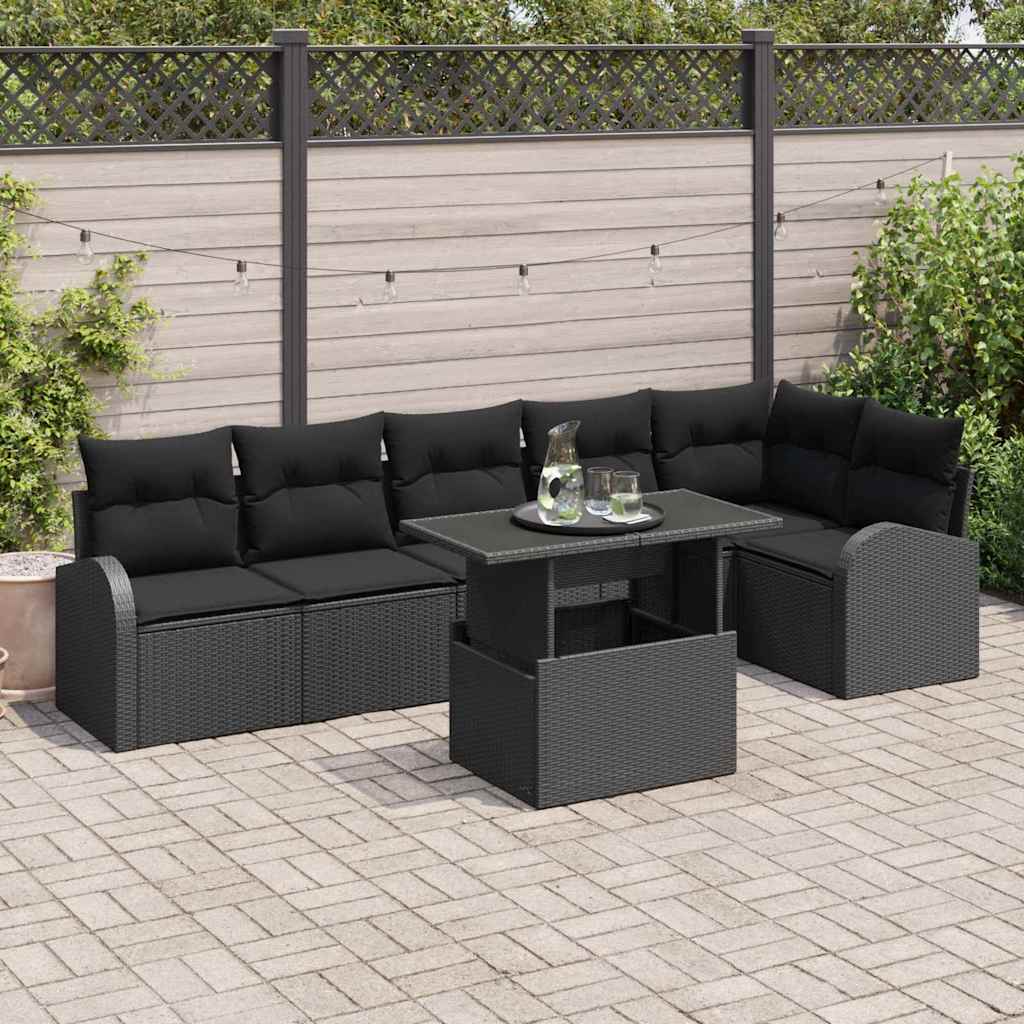 Conjunto de Sofá de Jardim Manual 7 pcs Preto Rattan Sintético