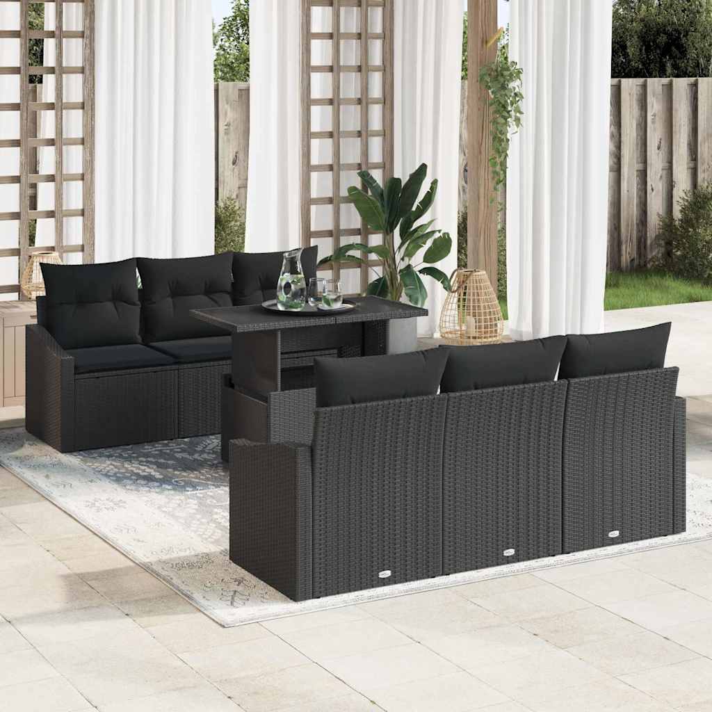 Conjunto de Sofá de Jardim com almofada 7 pcs Preto vime PE