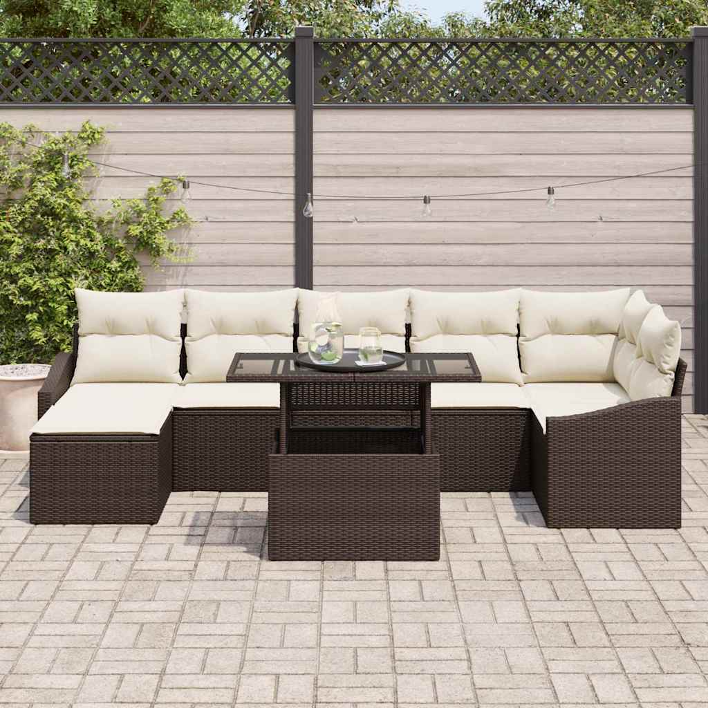 Conjunto de Sofá de Jardim com almofada 8 pcs Marrom e Creme