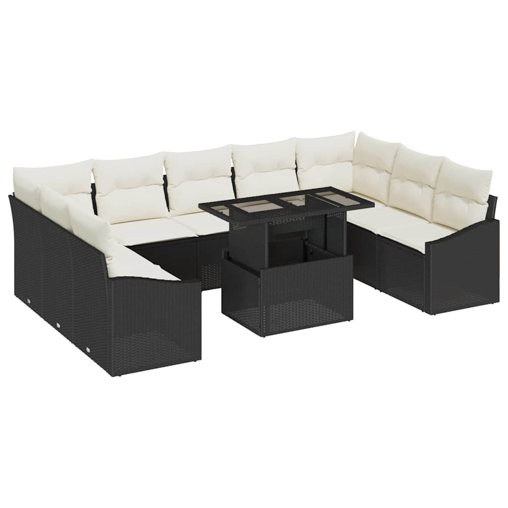 Conjunto de Sofá de Jardim com almofada 10 pcs Preto e Creme