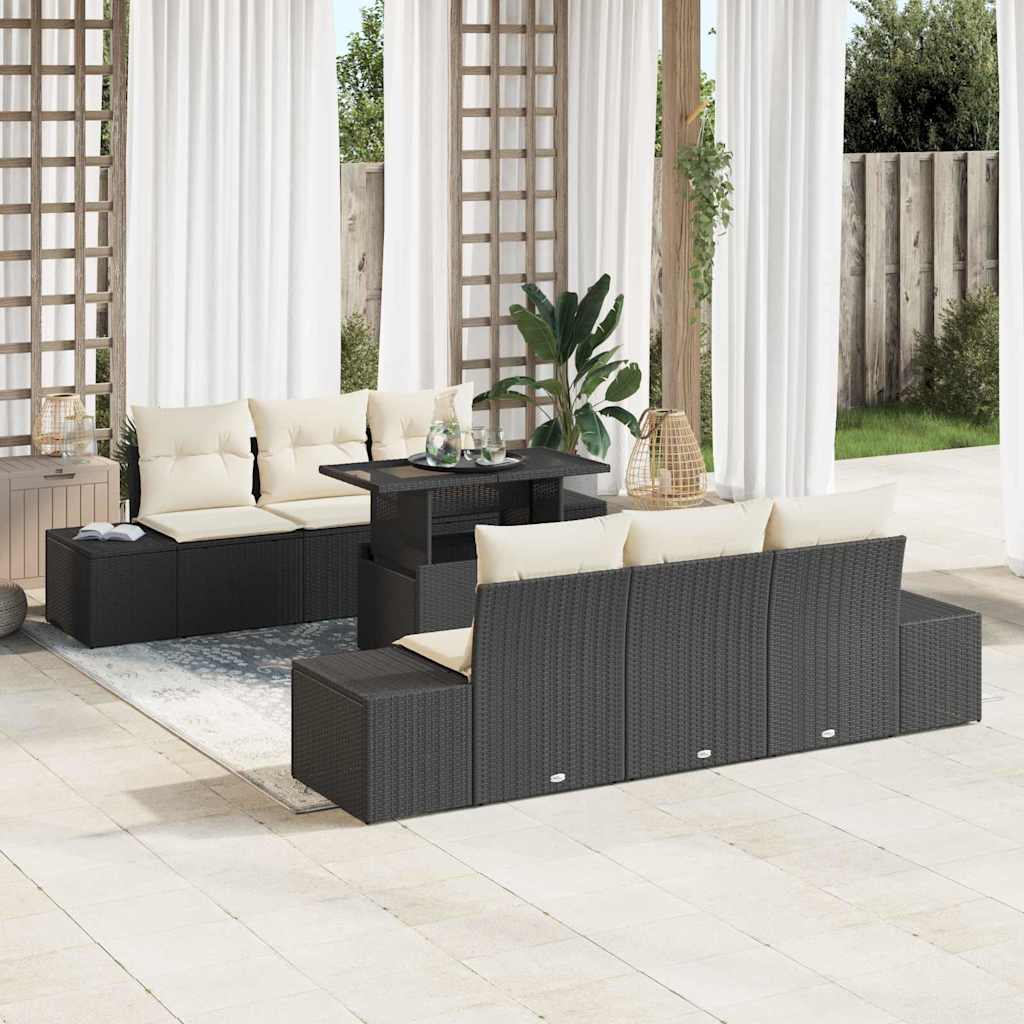Conjunto de Sofá de Jardim com almofada 7 pcs Preto e Creme