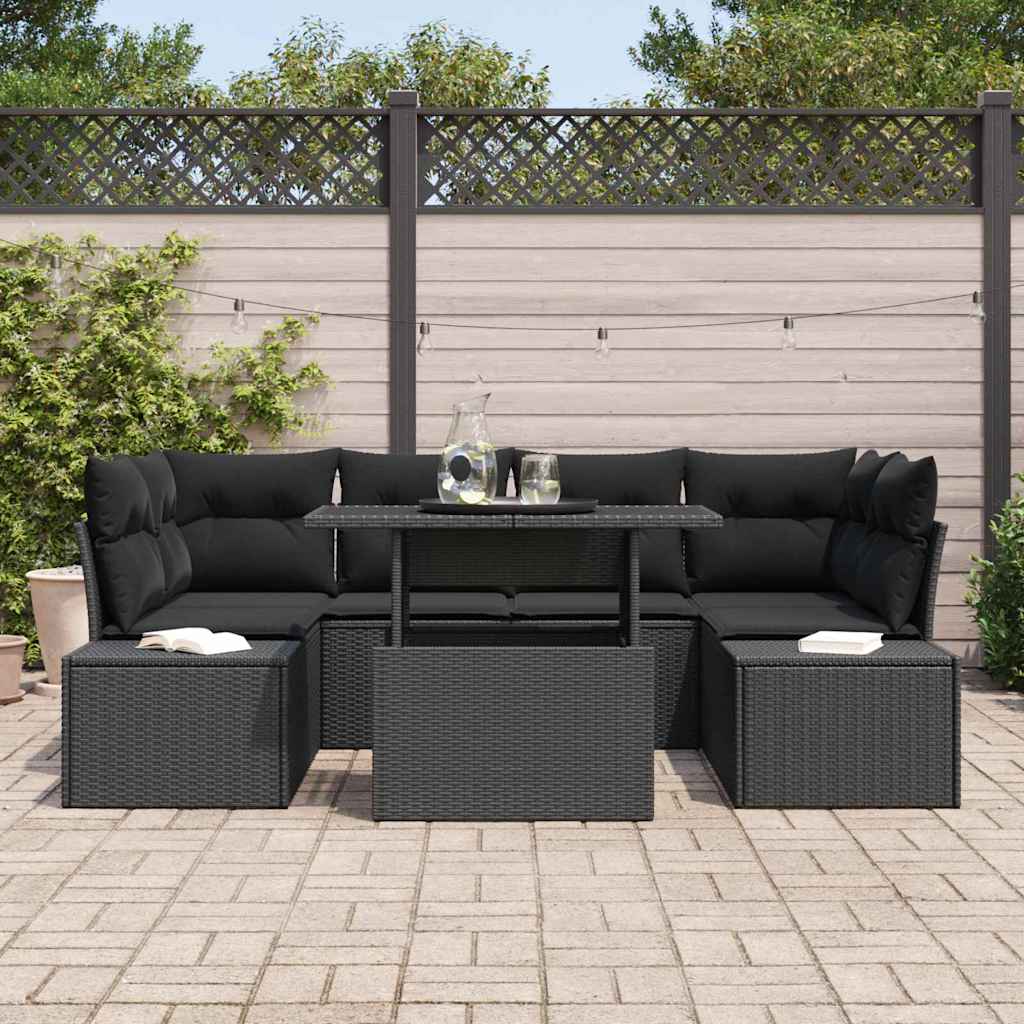 Conjunto de Sofá de Jardim com almofada 7 pcs Preto