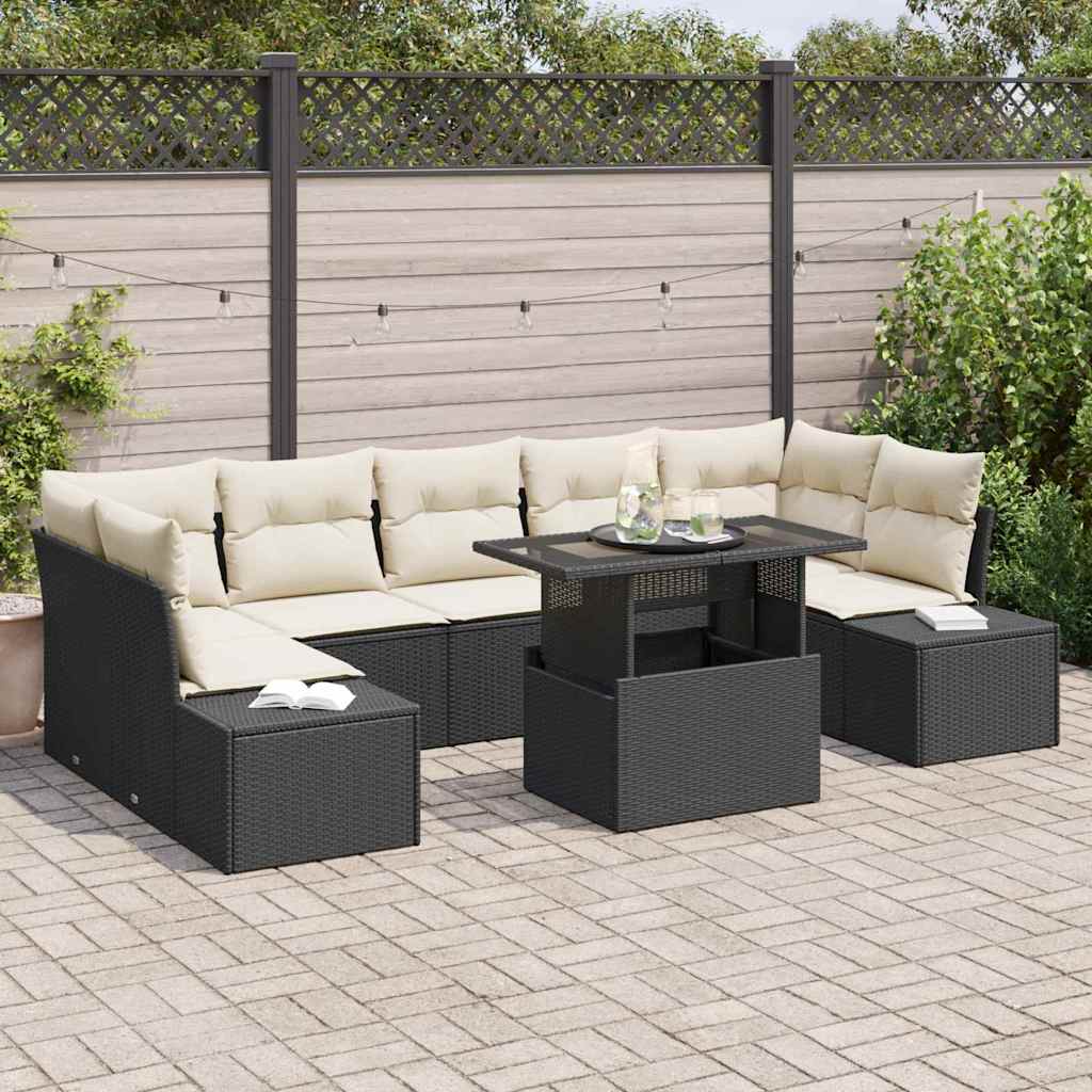 Conjunto de Sofá de Jardim com almofada 8 pcs Preto e Creme