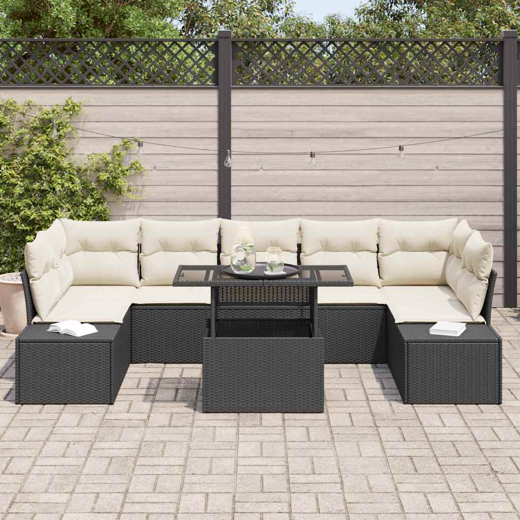 Conjunto de Sofá de Jardim com almofada 8 pcs Preto e Creme