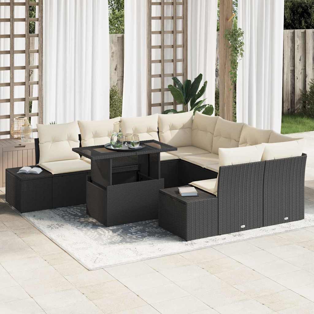 Conjunto de Sofá de Jardim com almofada 9 pcs Preto e Creme