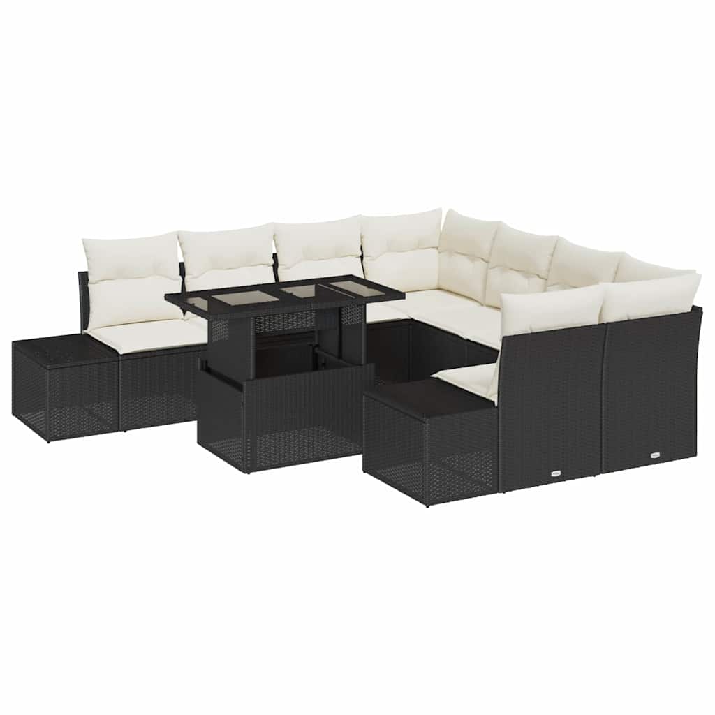Conjunto de Sofá de Jardim com almofada 9 pcs Preto e Creme