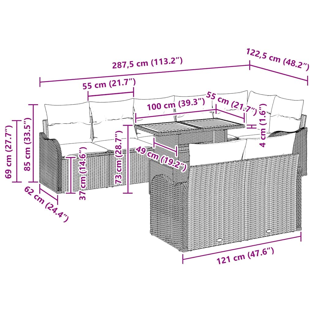 Conjunto de Sofá de Jardim 9 pcs Bege Rattan Sintético