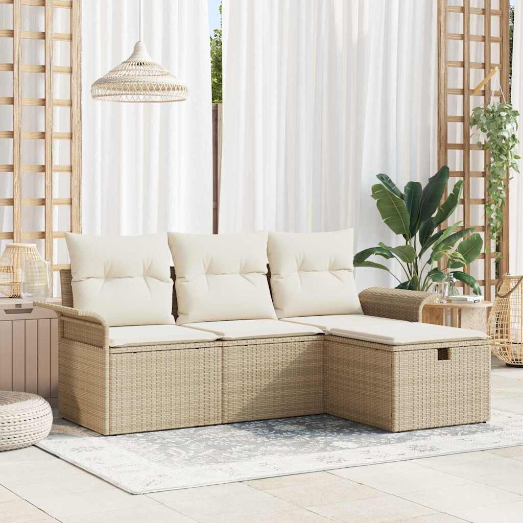 Conjunto de Sofá de Jardim 4 pcs Bege e Creme vime PE