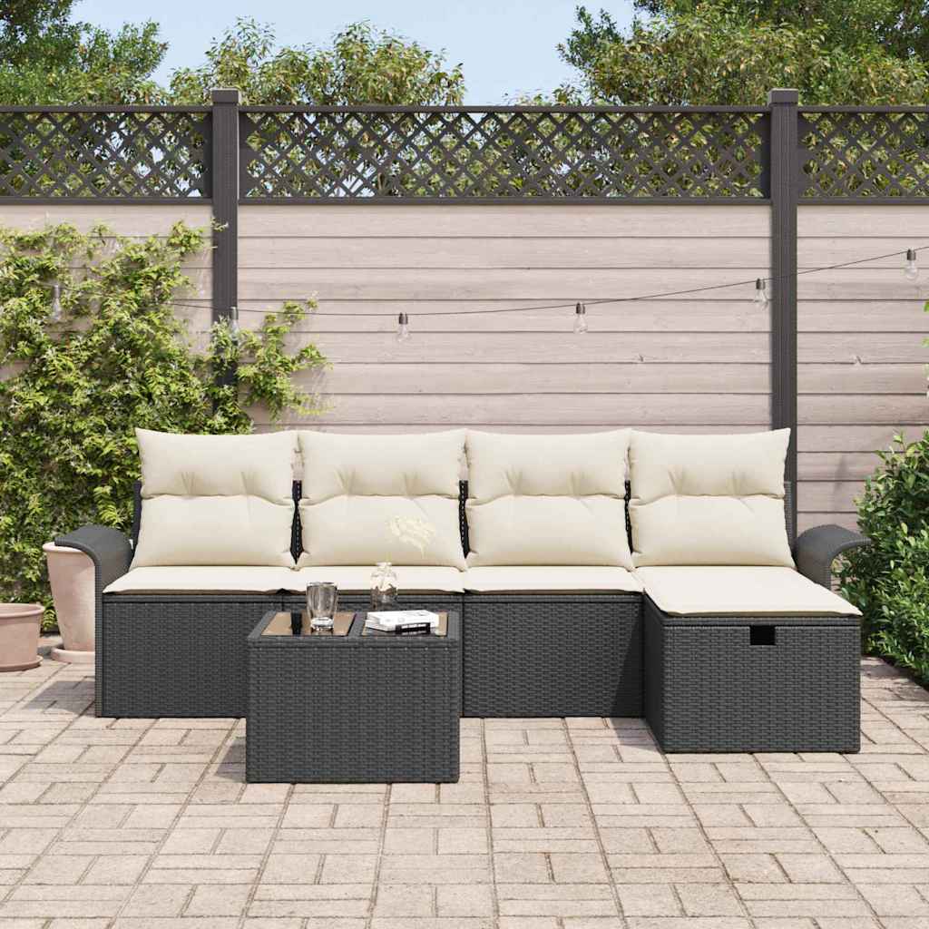 Conjunto de Sofá de Jardim Manual 6 pcs Preto e Creme vime PE