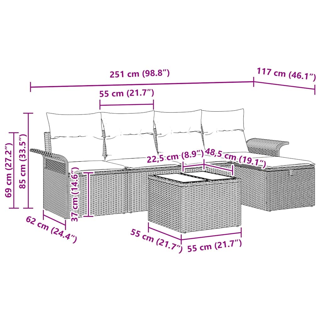 Conjunto de Sofá de Jardim 6 pcs Bege e Cinza Claro vime PE