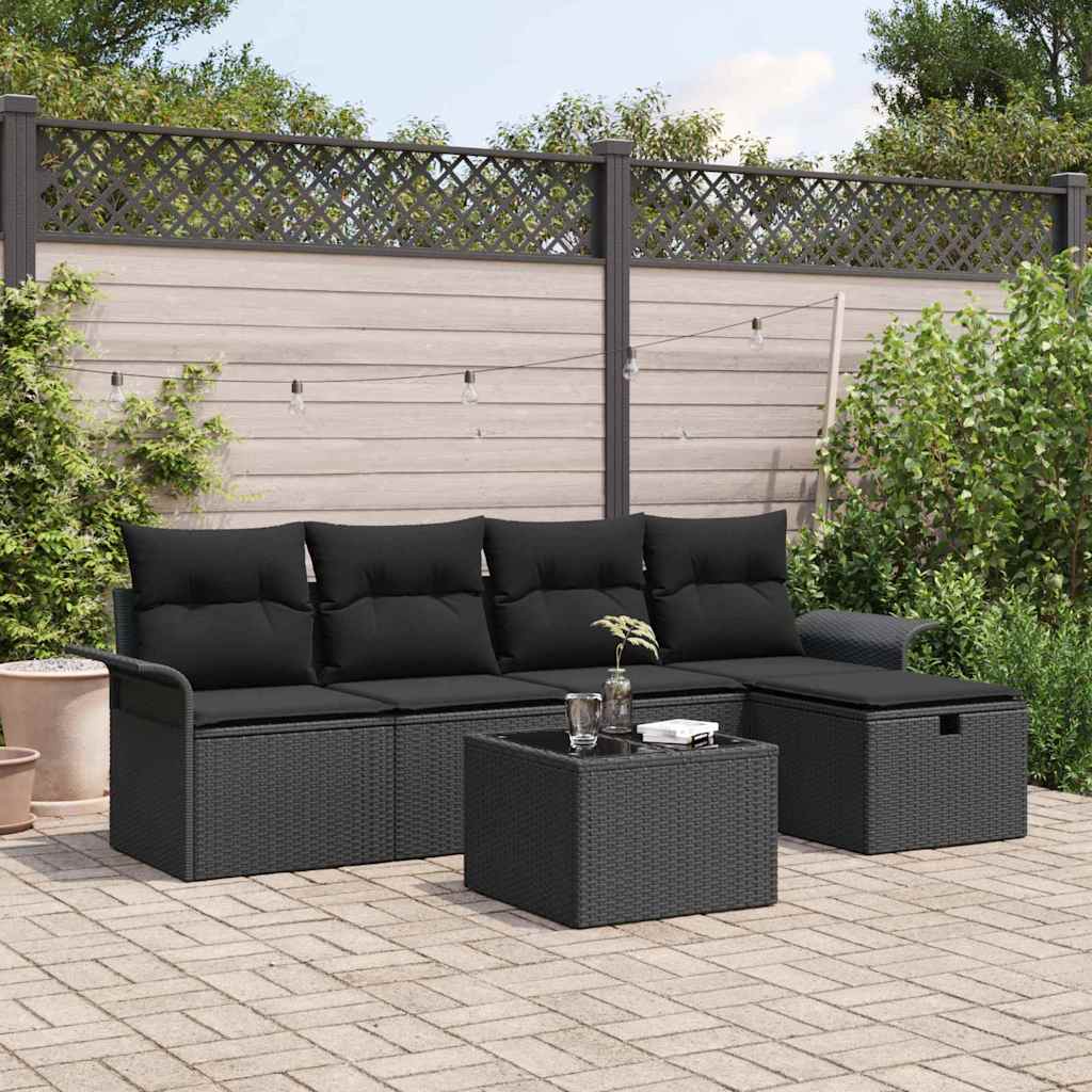 Conjunto de Sofá de Jardim com almofada 6 pcs Preto vime PE