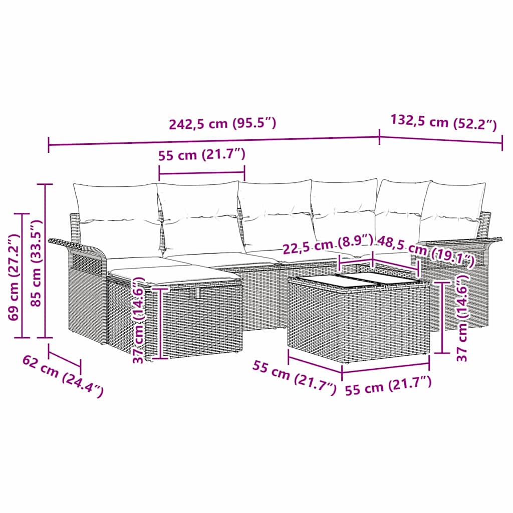 Conjunto de Sofá de Jardim com almofada 7 pcs Cinzeto vime PE