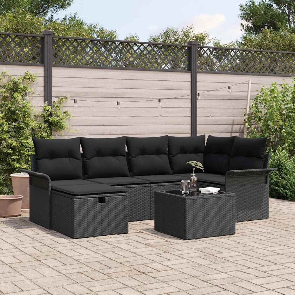 Conjunto de Sofá de Jardim com almofada 7 pcs Preto vime PE