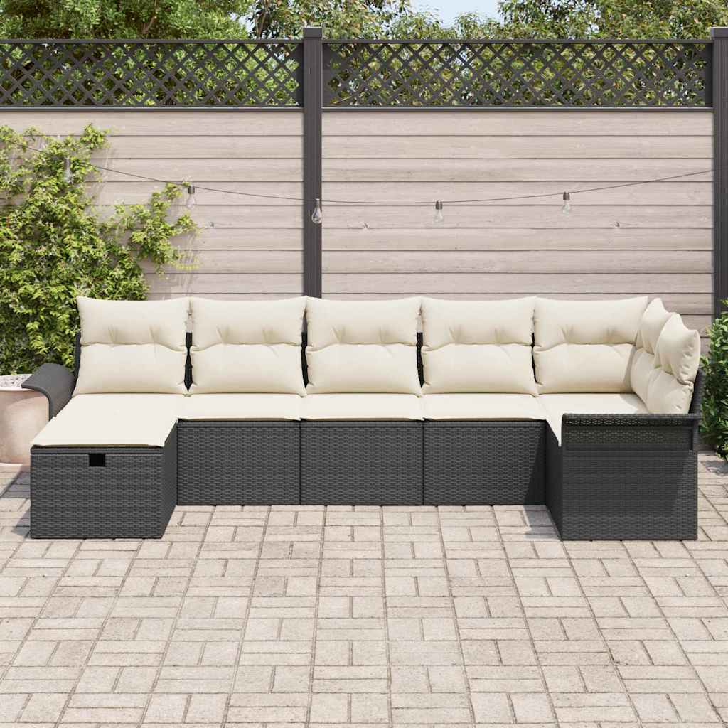 Conjunto de Sofá de Jardim Manual 7 pcs Preto e Creme vime PE