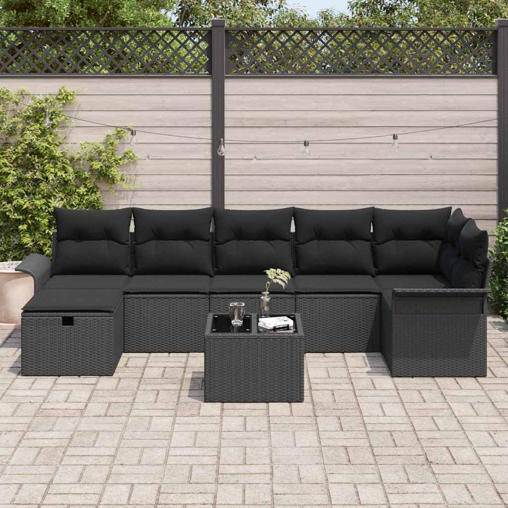 Conjunto de Sofá de Jardim com almofada 8 pcs Preto vime PE