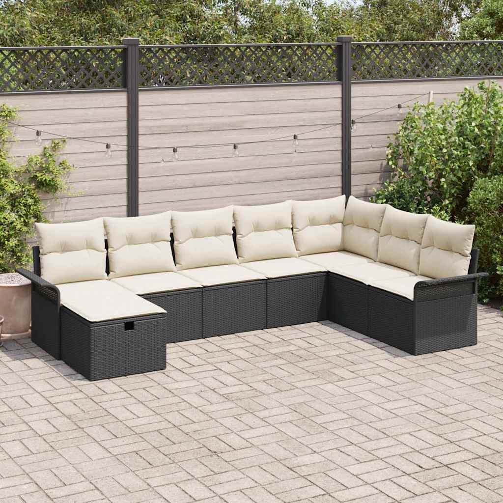 Conjunto de Sofá de Jardim Manual 8 pcs Preto e Creme vime PE