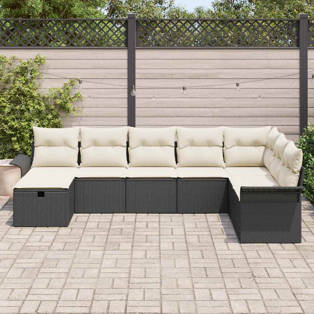 Conjunto de Sofá de Jardim Manual 8 pcs Preto e Creme vime PE