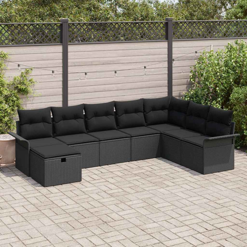 Conjunto de Sofá de Jardim com almofada 8 pcs Preto vime PE