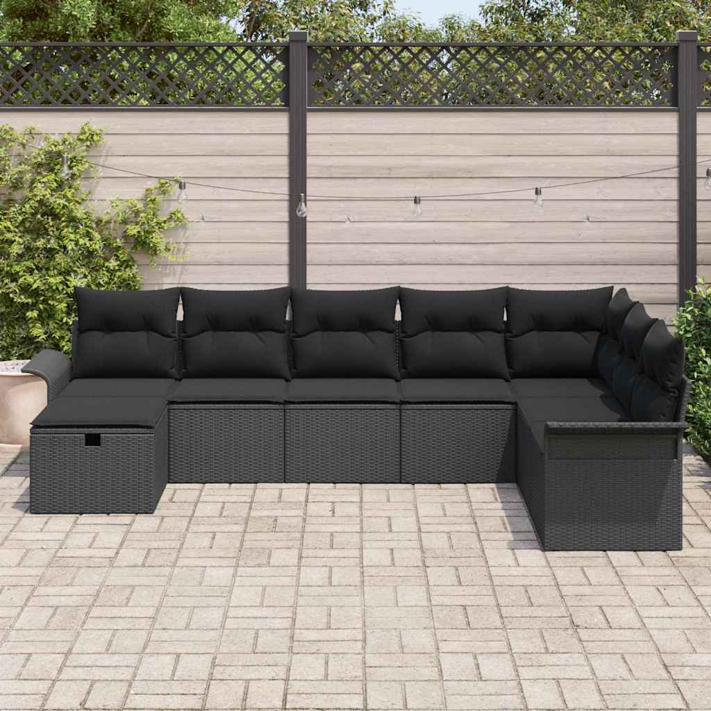 Conjunto de Sofá de Jardim com almofada 8 pcs Preto vime PE