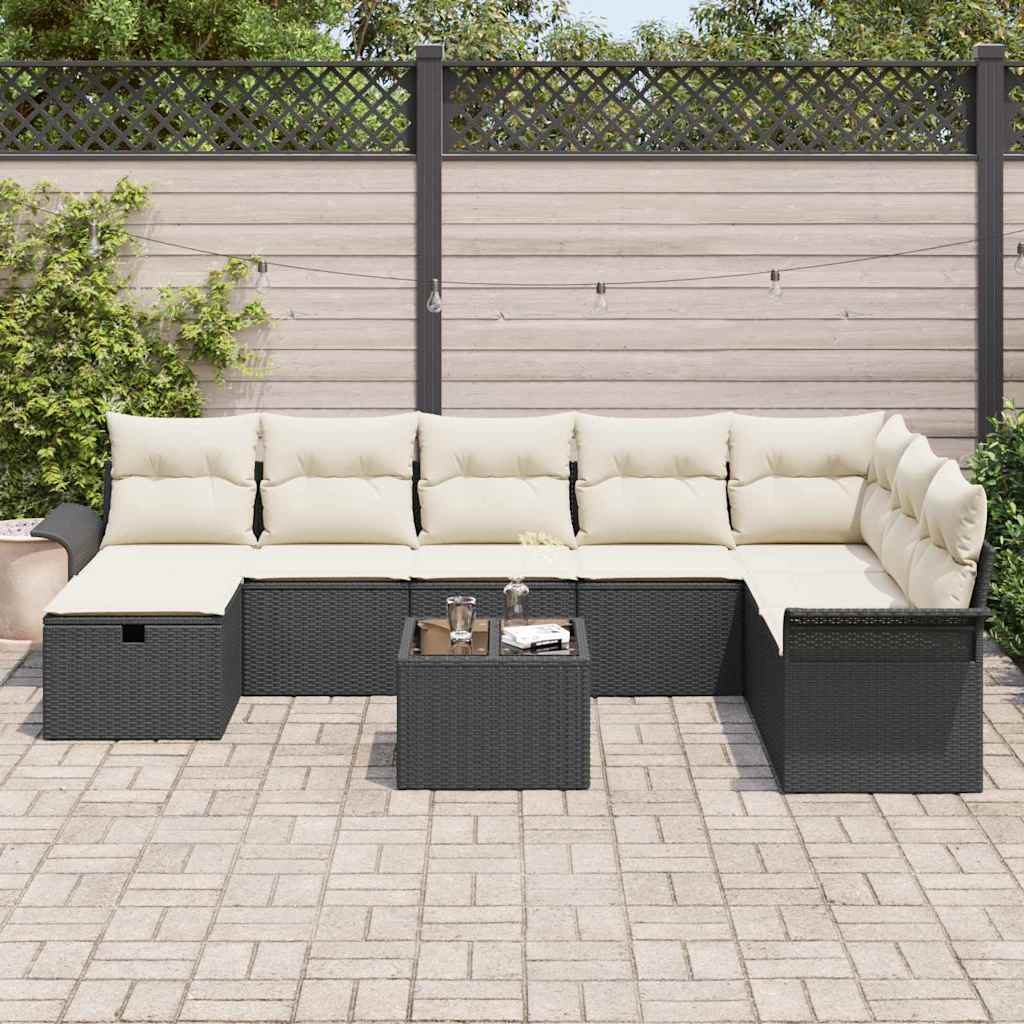 Conjunto de Sofá de Jardim Manual 9 pcs Preto e Creme vime PE