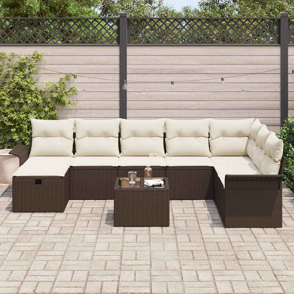 Conjunto de Sofá de Jardim Manual 9 pcs Marrom e Creme vime PE