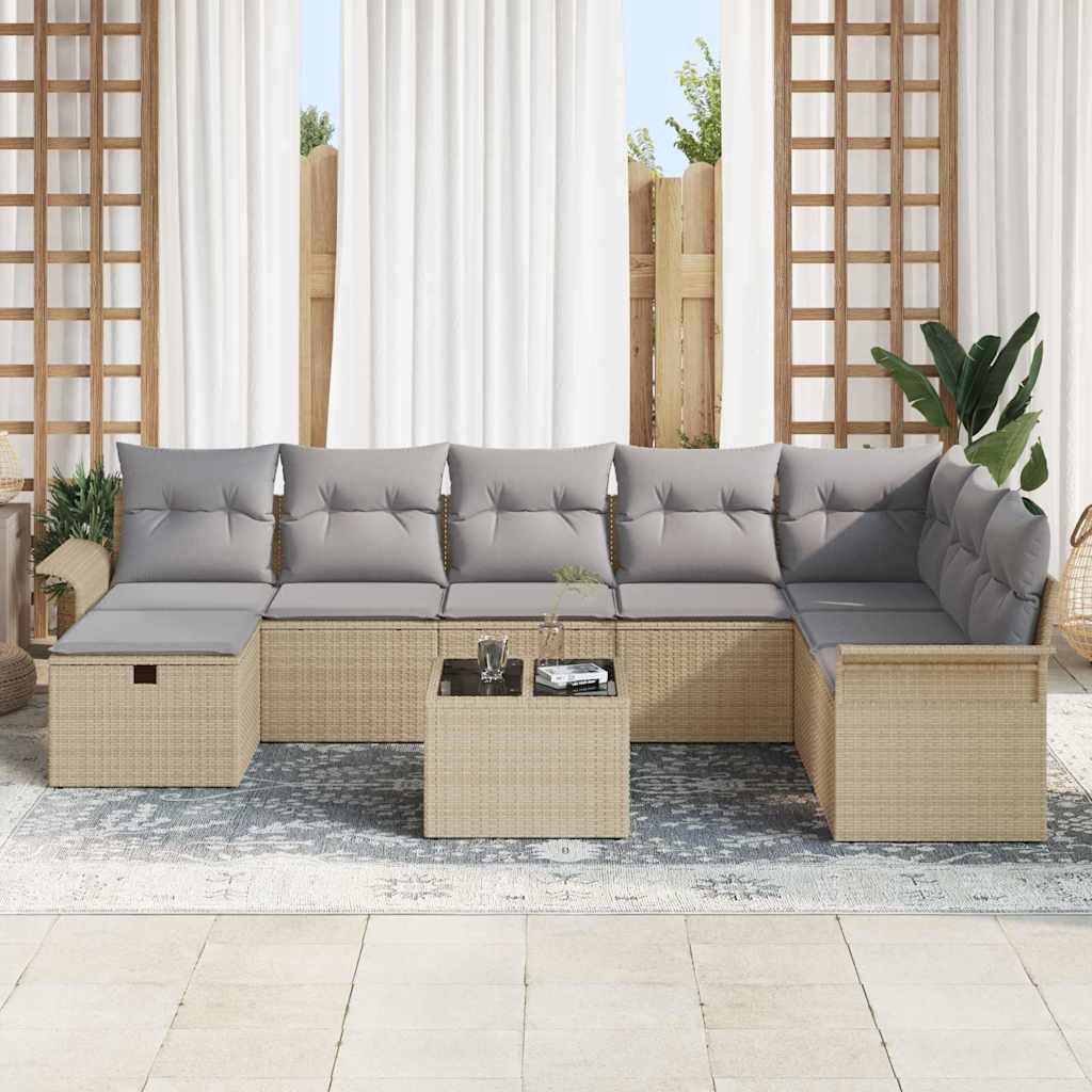 Conjunto de Sofá de Jardim 9 pcs Bege e Cinza Claro vime PE