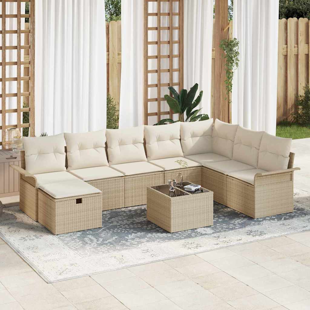 Conjunto de Sofá de Jardim Manual 9 pcs Bege e Creme vime PE