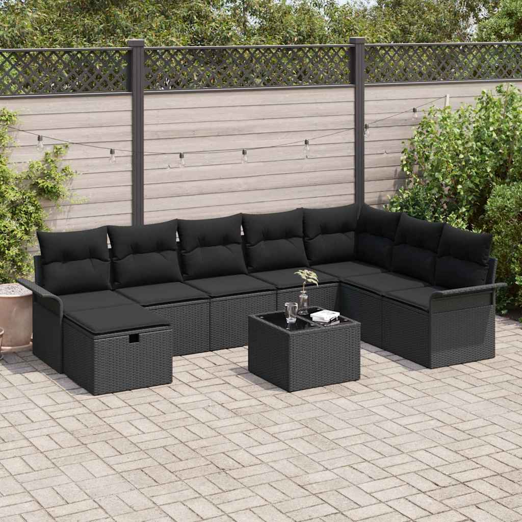Conjunto de Sofá de Jardim com almofada 9 pcs Preto vime PE