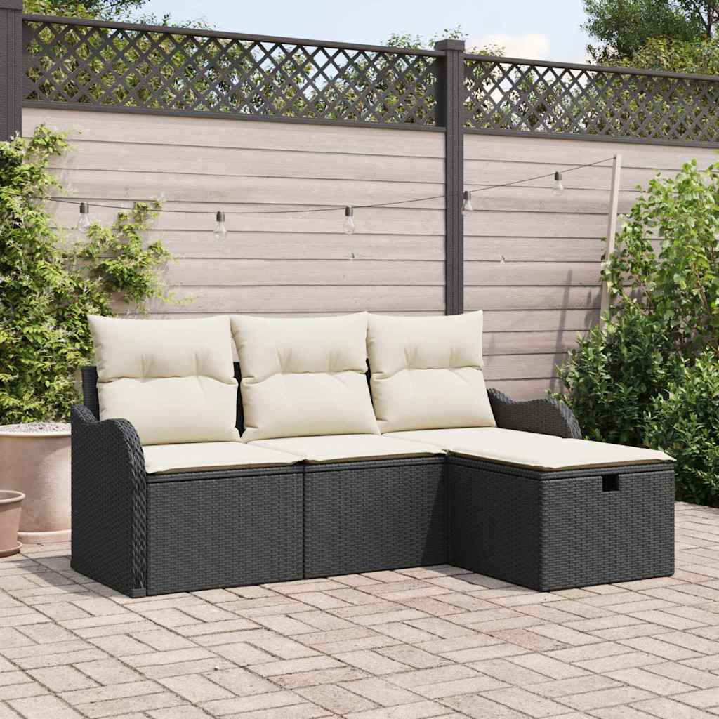 Conjunto de Sofá de Jardim Manual 4 pcs Preto e Creme vime PE