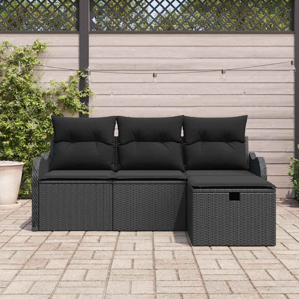 Conjunto de Sofá de Jardim com almofada 4 pcs Preto vime PE