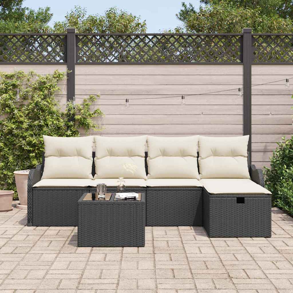 Conjunto de Sofá de Jardim 6 pcs Preto e creme Rattan Sintético