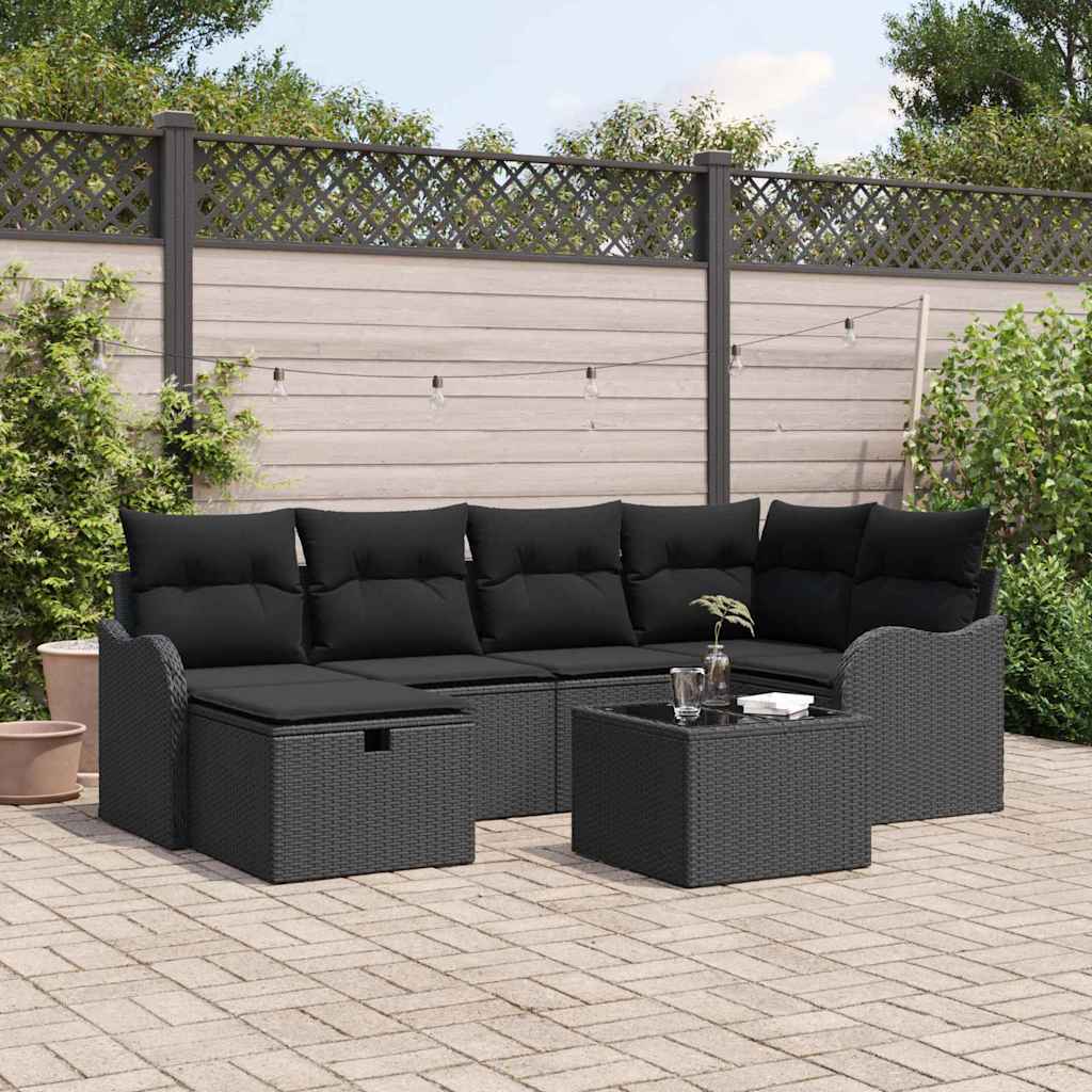 Conjunto de Sofá de Jardim Manual 7 pcs Preto Rattan Sintético
